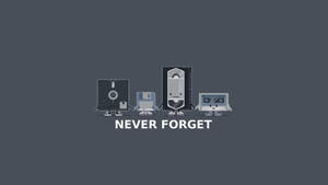 四個帶有手臂和腿的復古科技裝置，與文字 never forget 一起站立。