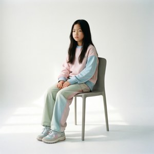 年輕女孩穿著粉彩運動服，坐在明亮白色攝影棚的灰色椅子上。