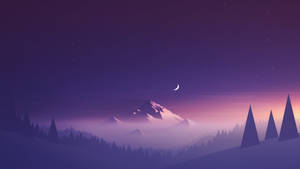 夜晚的紫色山景，新月和松樹。 — 極簡美學 壁紙