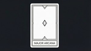一張白色塔羅牌，標有 Major Arcana，在深色背景上帶有幾何符號。