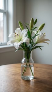 窗邊木桌上的玻璃花瓶中的白色百合花