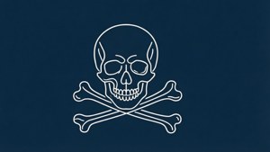 白色骷髏頭和交叉骨警告標誌，置於深藍色背景上。