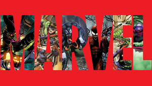 Marvel標誌，反派如Venom和Carnage從每個字母中出現。 — 漫威超級英雄 壁紙