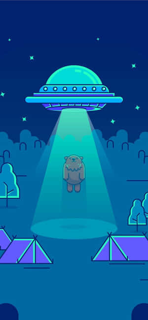 一隻熊在UFO的光束下漂浮在夜間的露營帳篷上方。 — 極簡美學 壁紙