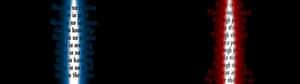 深色背景，藍色和紅色文字顯示鏡像的哲學語錄。 — 3840x1080 壁紙