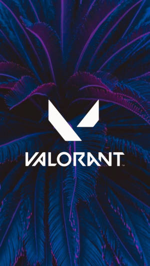 帶有藍色和紫色羽毛背景的 Valorant 標誌