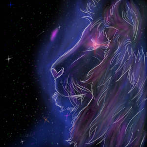 獅子的側面，背景是繁星點點的宇宙，帶有紫色和藍色的星雲。