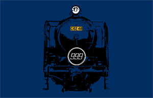藍色背景上帶有數字 999 的黑色蒸汽火車剪影