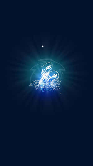 發光的藍色巨蟹座符號在深色背景上帶有星爆效果