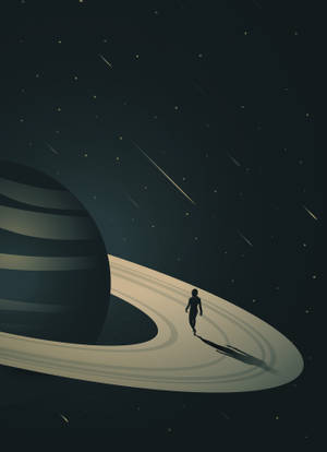 一個人在行星的環上行走，背景是繁星點點的天空和流星。