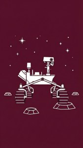 在星空栗色背景上的火星探測車白色線條藝術。
