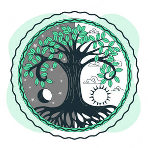薄荷綠和黑色的陰陽樹，帶有月亮星星和太陽雲朵。