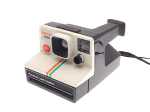 經典Polaroid Land相機，帶有彩虹條紋和紅色快門按鈕。