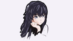 動漫女孩，黑髮藍眼，將下巴擱在手上。 — 可憐動漫 壁紙