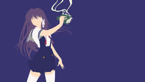穿著水手服的動漫女孩在紫色背景上拿著綠色包包。