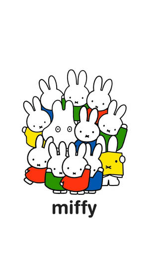 一群穿著色彩繽紛衣服的 Miffy 卡通兔子擠在一起。