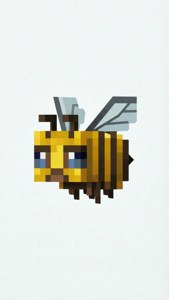 像素化Minecraft蜜蜂，黃黑條紋，藍色眼睛，白色背景