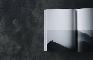 一本書打開到一張黑白照片，照片中一個人站在山頂上。