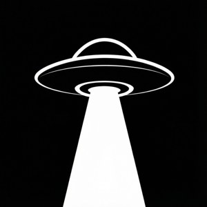 一個帶有光束的白色UFO，背景為黑色。