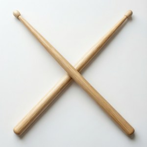 兩支木鼓棍交叉放在白色表面上。
