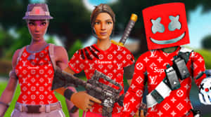 三個Fortnite角色穿著紅色Louis Vuitton服裝，手持武器和Marshmello面具。