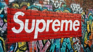 紅色Supreme標誌在磚牆上，背景為彩色塗鴉