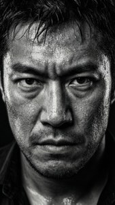 黑白特寫肖像，一個汗流浹背的男人帶著強烈的表情。