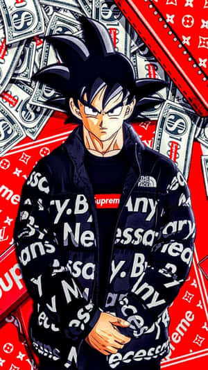動漫角色悟空身穿奢華街頭服飾，被金錢和品牌圖案環繞。
