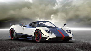 帶有紅色點綴的白色和黑色Pagani Zonda跑車，在暴風雨天空下的潮濕道路。 — 酷車 壁紙