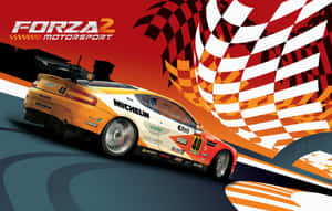 橙色賽車在賽道上疾馳，帶有方格旗圖案和 Forza Motorsport 標誌。 — 汽車 壁紙