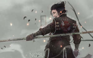 武士戰士在雨中櫻花場景中持刀