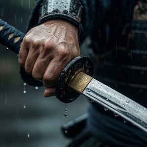 武士的手在雨中握著一把濕透的武士刀。