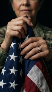 一位退伍軍人懷著敬意摺疊美國國旗。