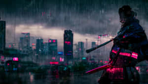 武士戰士在雨中於霓虹城市夜裡握著發光的劍