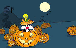 Sylvester the Cat 喺萬聖節夜晚場景中，揸住一架載住 Tweety Bird 嘅南瓜車。