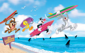 卡通角色在沙灘上衝浪越過鯊魚，沙灘上有「No Surfing Sharks」標誌。