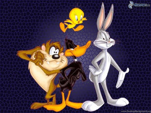 經典 Looney Tunes 角色 Taz、Daffy Duck 和 Bugs Bunny，Tweety Bird 在上方飛翔。