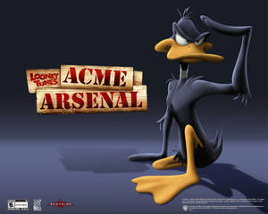 Daffy Duck 在 ACME Arsenal 標誌旁邊擺出憤怒姿勢。