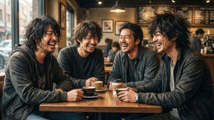 四個男人在舒適的城市咖啡館裡喝咖啡大笑。 — 給定 壁紙