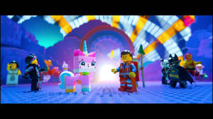 LEGO角色，包括獨角獸和蝙蝠俠，在發光的拱門場景中。 — 電影 壁紙