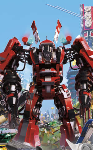 紅色LEGO機甲機械人站在未來城市中，背景有其他機甲。 — Galaxy Tab Active 壁紙