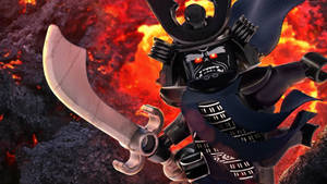 LEGO武士戰士，帶有發光紅眼，在熔岩前握著彎曲的劍。 — 哥斯拉 王者巨獸 壁紙