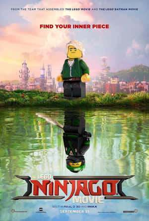LEGO忍者角色站在水中，夕陽下城市天際線的倒影。 — 卡通 壁紙