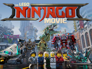 LEGO Ninjago 電影海報，城市中有忍者角色和巨型機械人。
