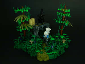 LEGO叢林場景，有一個被鎖鏈鎖住的風暴兵和棕櫚樹。
