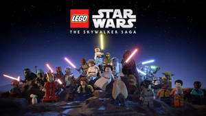 夜晚在岩石星球上手持光劍的LEGO Star Wars角色。