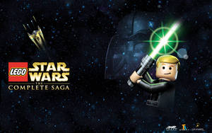 LEGO星際大戰角色在太空中手持綠色光劍，背景有達斯維達和太空船。