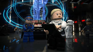 LEGO Star Wars 角色在高科技指揮中心中，帶有發光藍色全息圖。