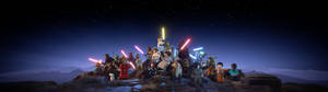 LEGO Star Wars 角色在山峰上，在星空下揮舞發光激光劍。 — 32:9 壁紙