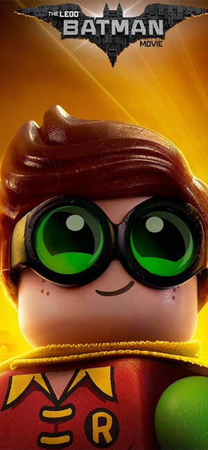 LEGO Robin 超級英雄，綠色眼睛和黃色披風，開心地微笑。